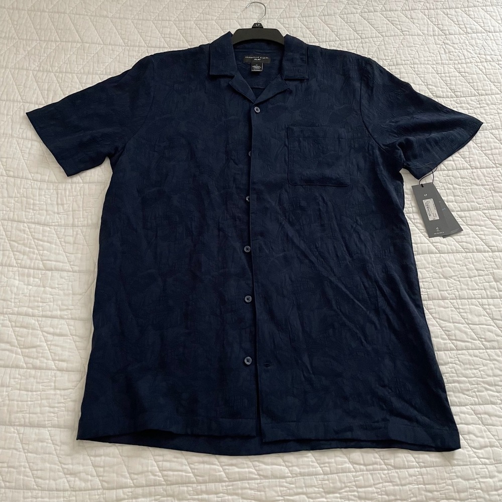 Shaquille O'Neal XLG Mens LT Navy Textured Camp Collar Short Sleeve Shirt NWT